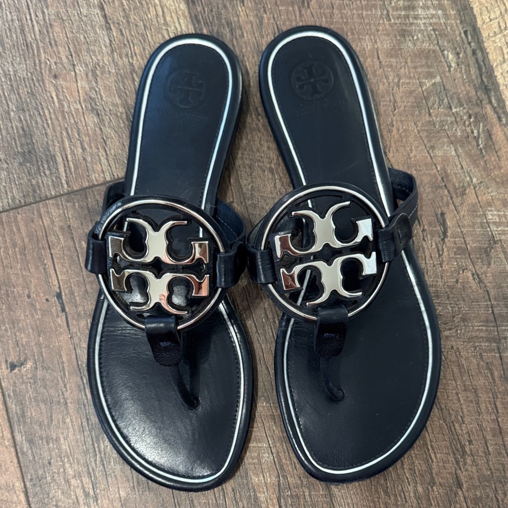 Tory Burch Navy Blue Sandals with Silver Accents